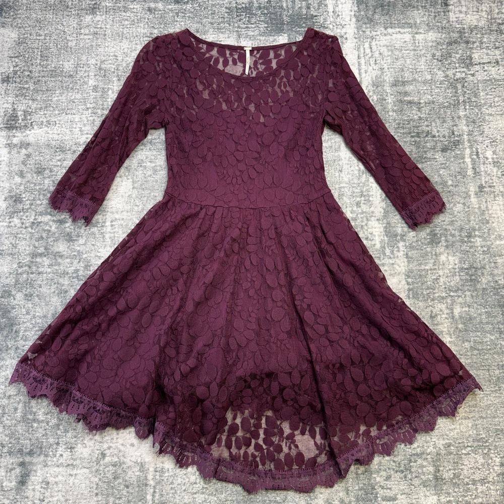 Free People Dress Womens 4 Beet Purple Fit &‎ Flare Floral Lace Dark Romantic